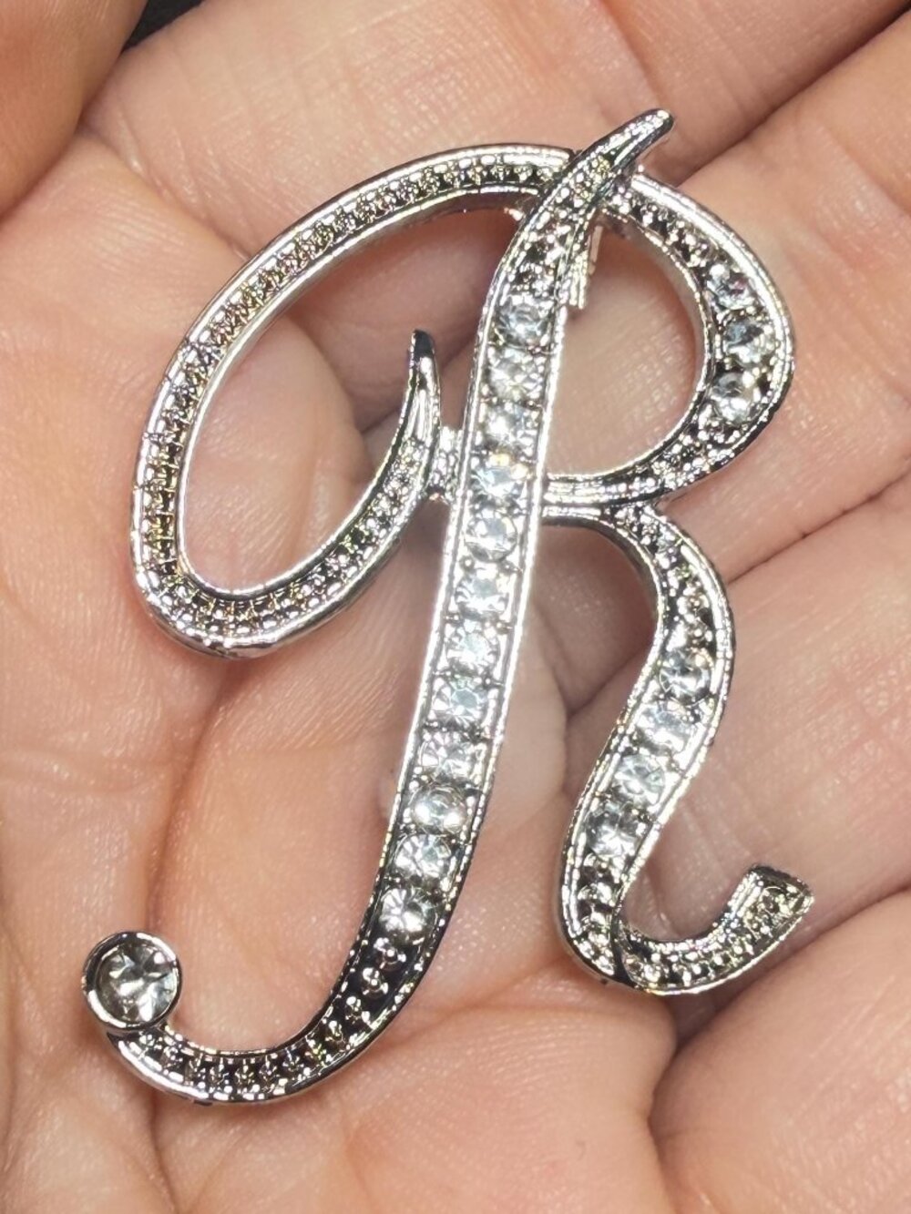 Rhinestone Letter R Brooch Silver Tone Initial Pin